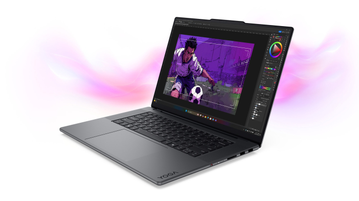 The Yoga Pro 9i laptop with the screen on.