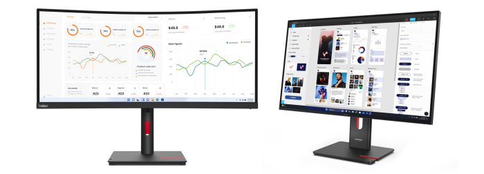Two Lenovo ThinkVision monitors on a white background. Two Lenovo ThinkVision monitors on a white background.