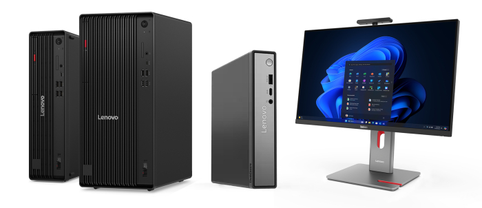 ThinkCentre M-series desktops and ThinkVision T-series monitor on a white background. ThinkCentre M-series desktops and ThinkVision T-series monitor on a white background.