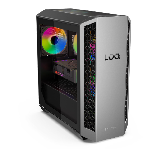 The Lenovo LOQ Tower 26ADR10 with transparent side panel and customizable ARGB