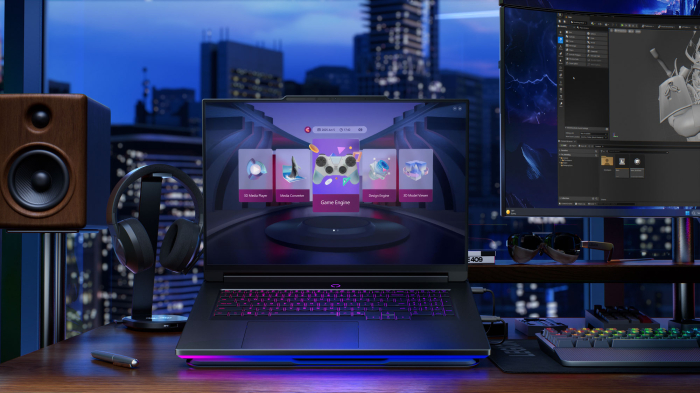 Lenovo Legion 9 laptop with the screen and keyboard backlight on. Lenovo Legion 9 laptop with the screen and keyboard backlight on.